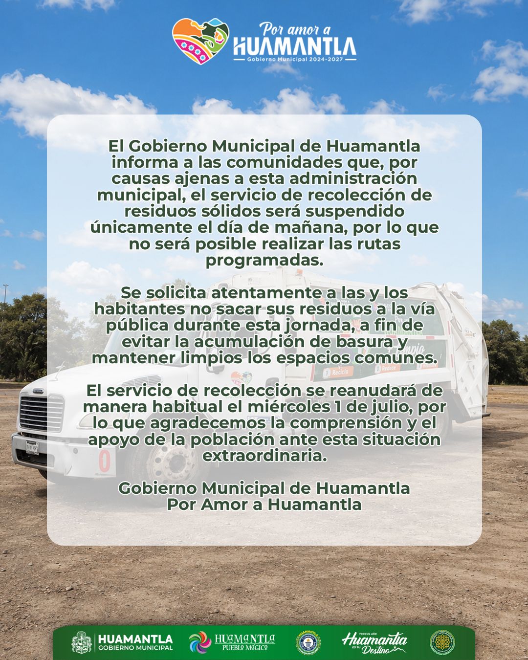 Gobierno municipal de Huamantla informa suspensión temporal del servicio de recolección de residuos  en comunidades
